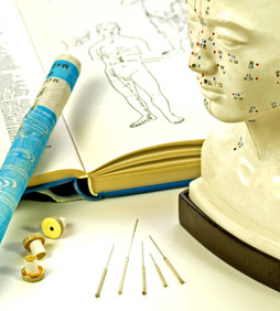 Akupunkturnadeln mit Lehrbuch, Kopfmodell und Moxarolle